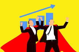 Graphic of two businessmen wearing red capes, celebrating in front of a chart.