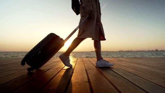 A person waling on a wooden dock pulling there luggage.