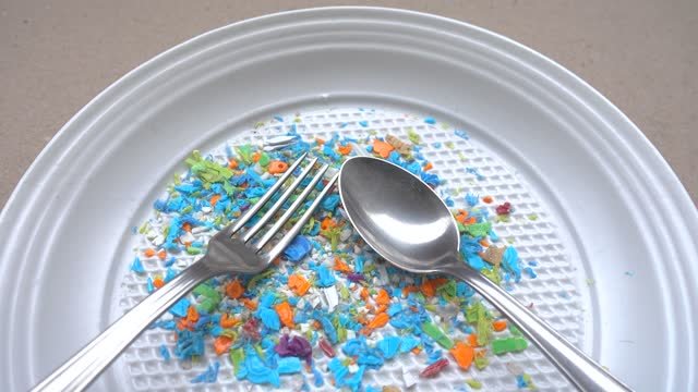 Microplastics on a plate with a spoon and fork. 
