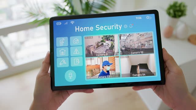 A person looking at their home security system on an iPad.