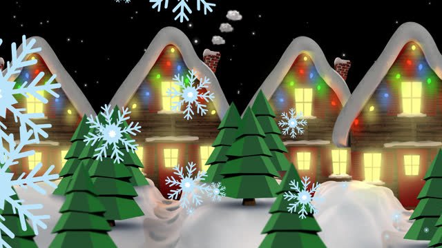 Pine trees in front of Gingerbread houses with Christmas lights on them with snowflakes falling