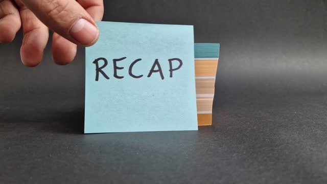 A white individual holding a blue post-it note with the word "recap" on it. 