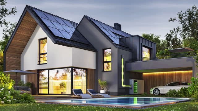 A newly constructed home with solar panels on it.