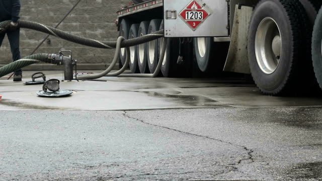 A fuel truck delivering gas to a gas station 